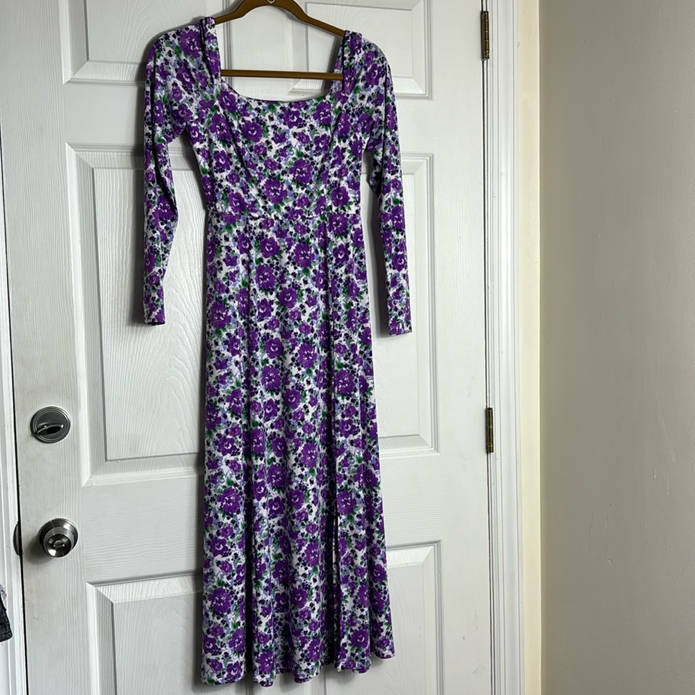 SCOOP Purple floral print cottage Square Neck Front Slit maxi Dress size XS  0/2